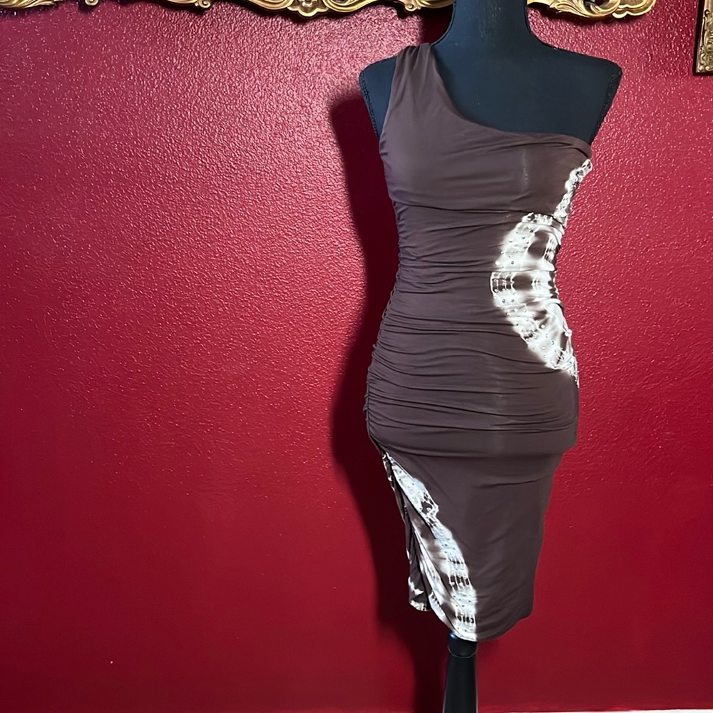 INC slinky brown dress with sparkles and tie dye look size small